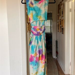 Tie-Dye Cutout Maxi Dress in Aqua, Pink & Purple